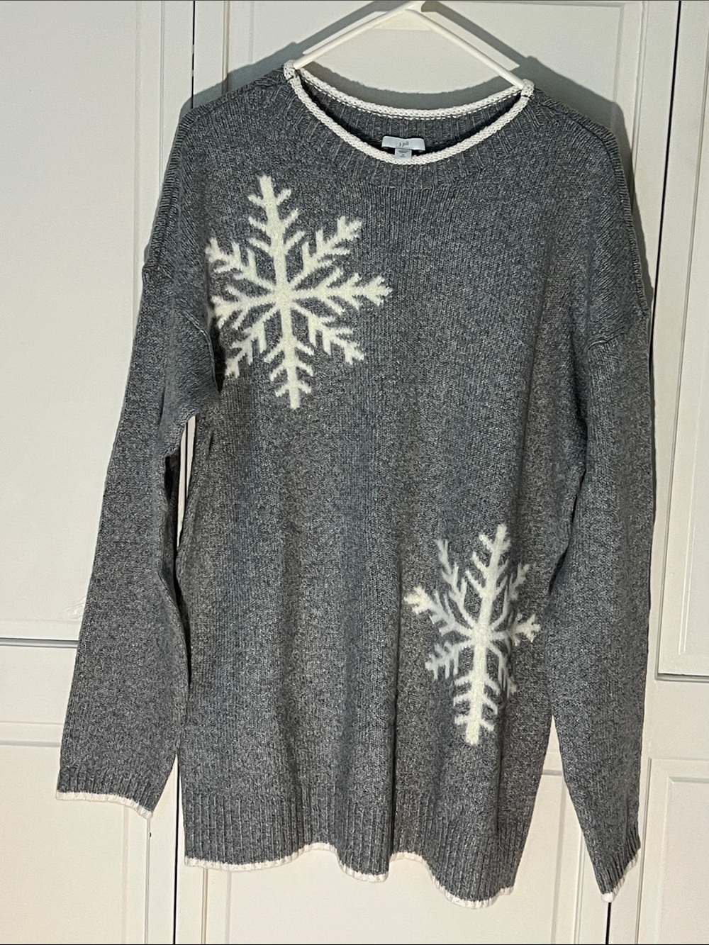 J. Jill Gray Crewneck Sweater with White Snowflake Motifs